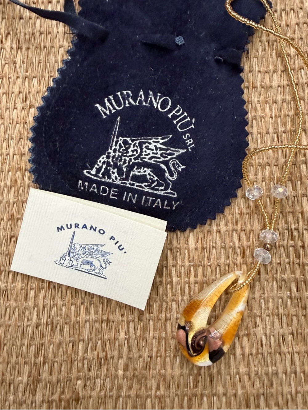 Murano Più White Glass Teardrop Pendant Necklace with Gold color Chain